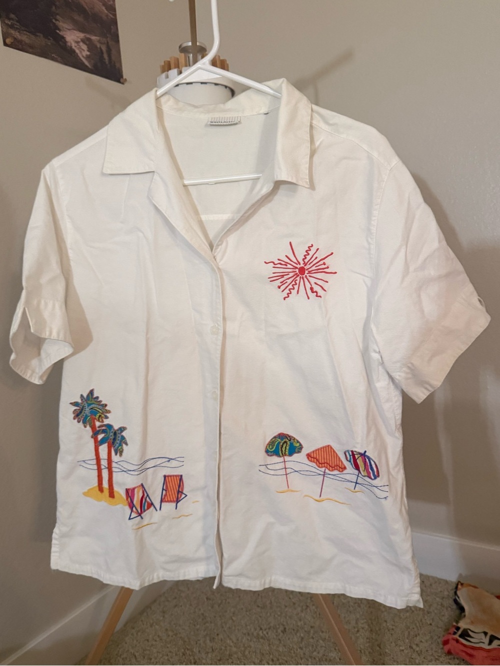 White Stag White Short-Sleeve Button-Down with Colorful Beach Embroidery